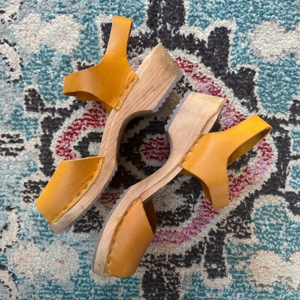 MIA Mustard Yellow Leather Wooden Platform Clogs